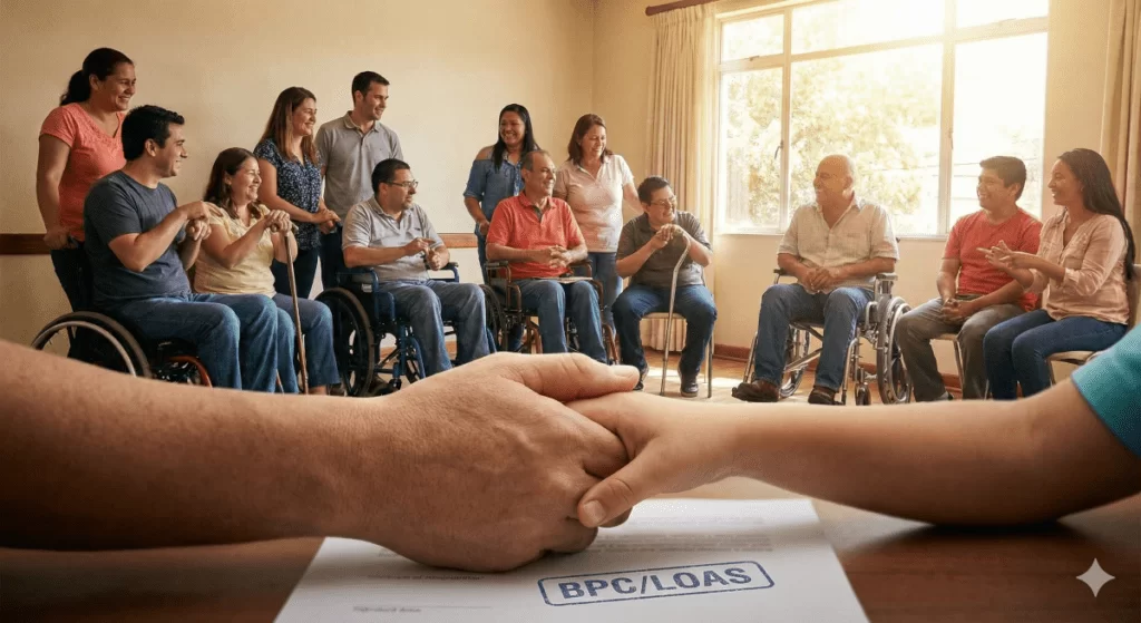 Pessoas com deficiência em reunião garantindo o direito ao BPC LOAS.