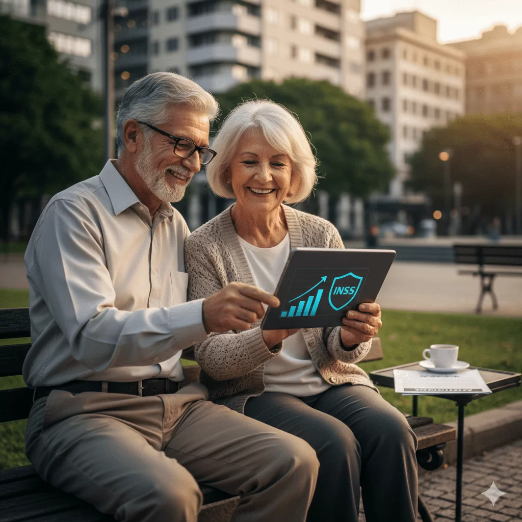 Aposentadoria por idade urbana em 2026: casal de idosos planejando o futuro