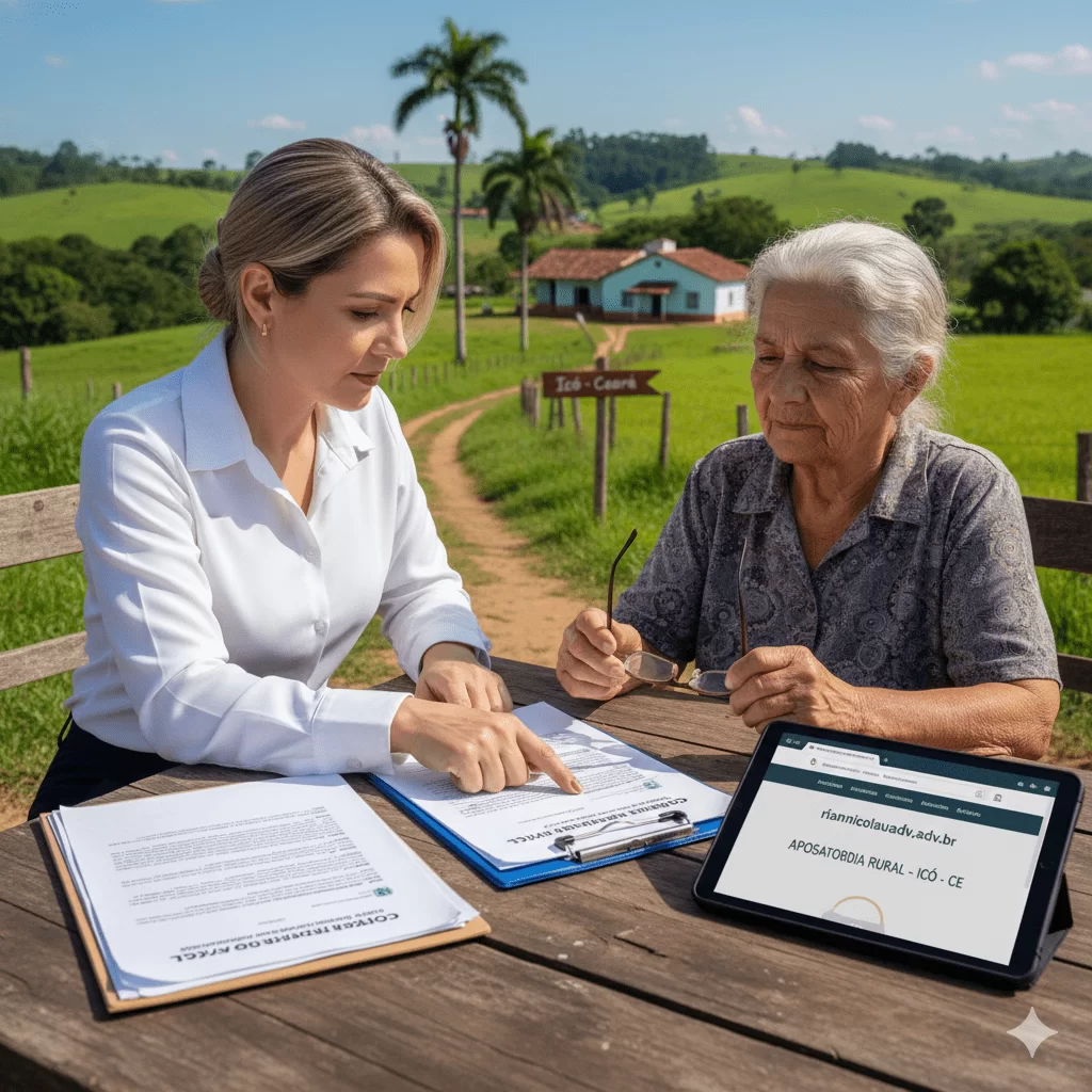 Homem e mulher idosos conversando com advogada sobre aposentadoria rural em Icó, Ceará.