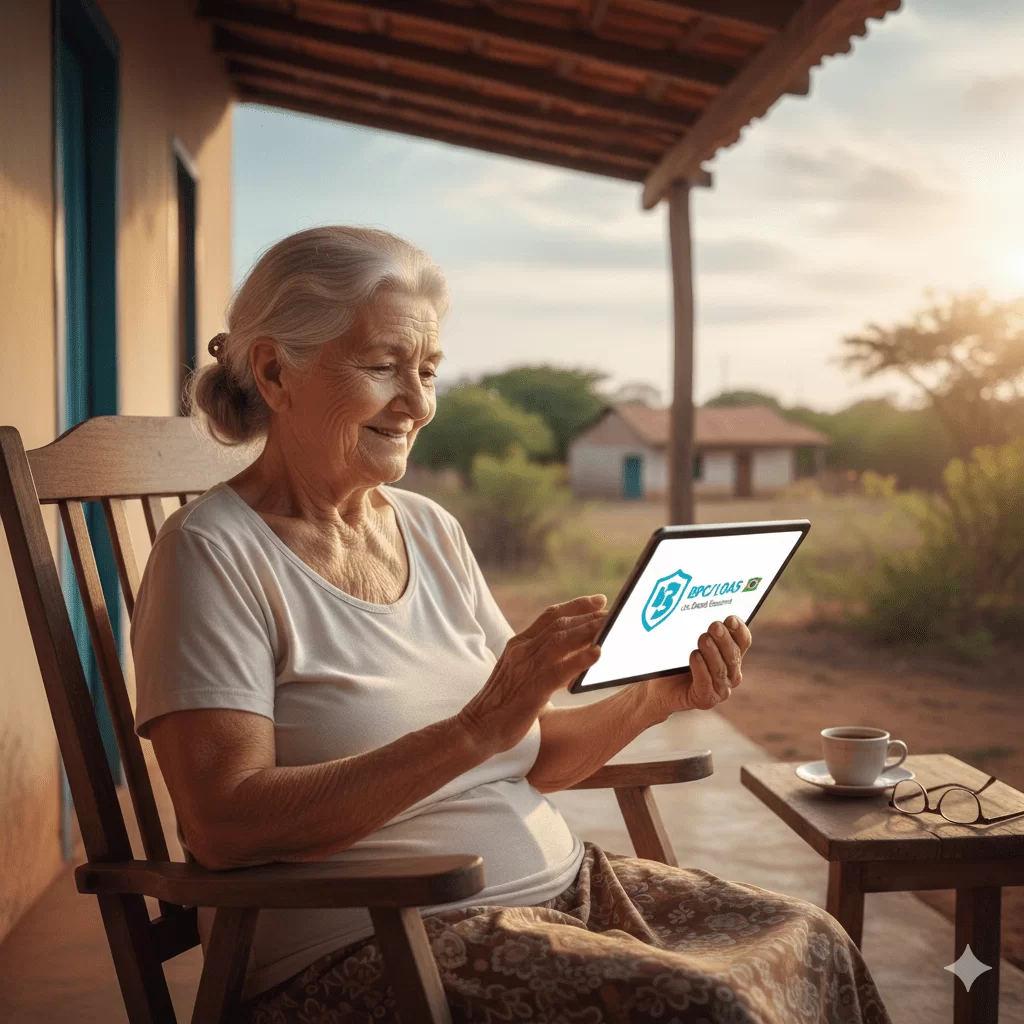 Idosa sorridente consultando informações sobre o BPC LOAS para idosos em 2026 no tablet.