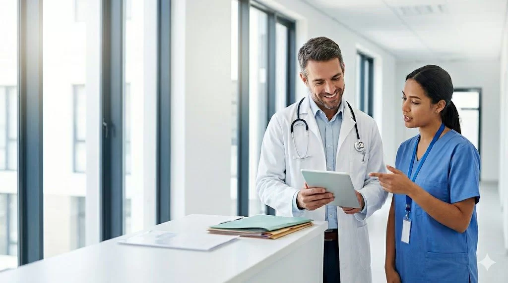 Médico e enfermeira analisando prontuário para Regras da Aposentadoria Especial 2026.