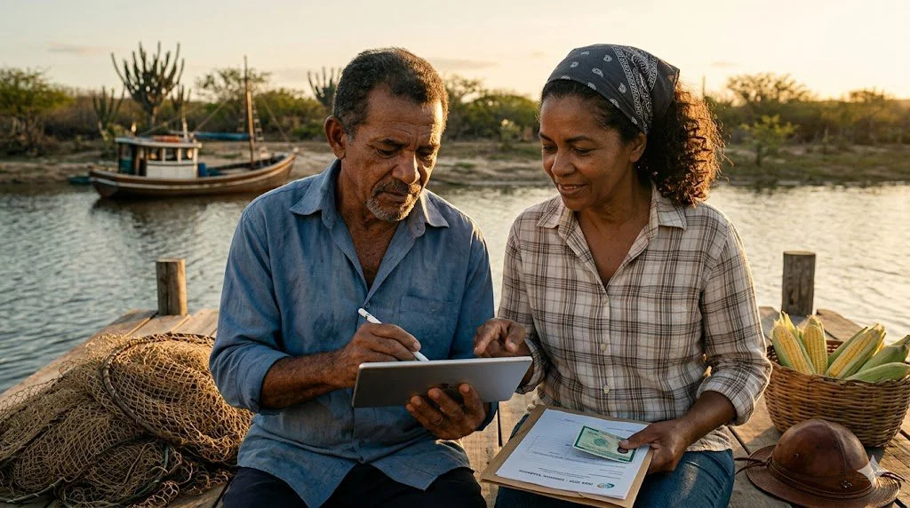 Casal de trabalhadores rurais analisa documentos para pedir aposentadoria pescador artesanal ao INSS em 2026