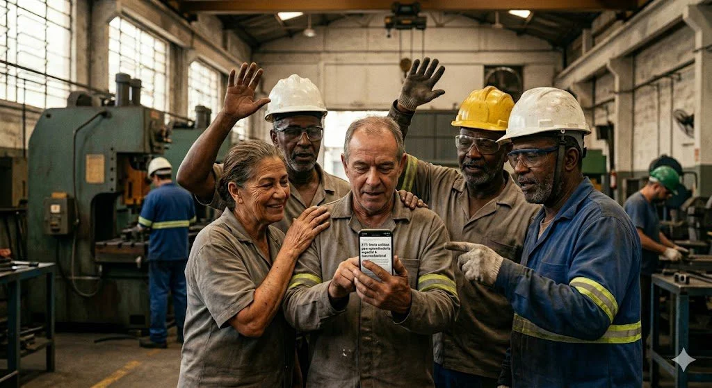 trabalhadores vendo anoticioa sobre STF Derruba Idade Mínima na Aposentadoria Especial | Decisão ADI 6309