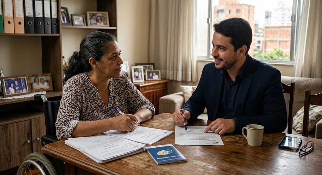 clente conversa com advogado sobre aposentadoria por invalidez em 2026-