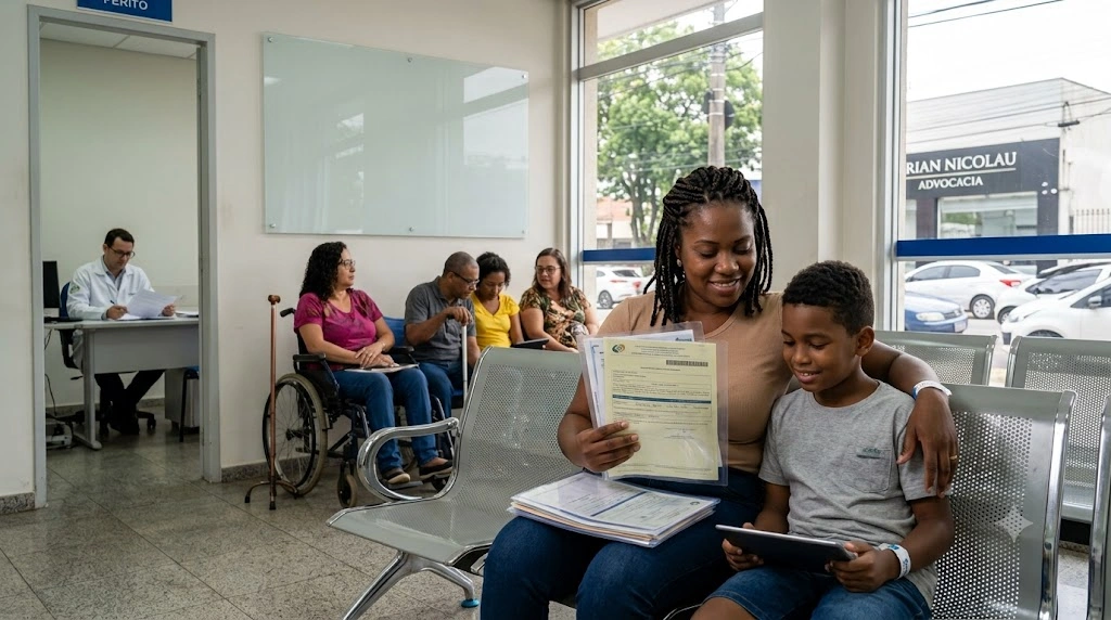 Mãe e filho em consultório jurídico com documentos sobre BPC dispensado de reavaliação periódica pela Lei 15.157/2025