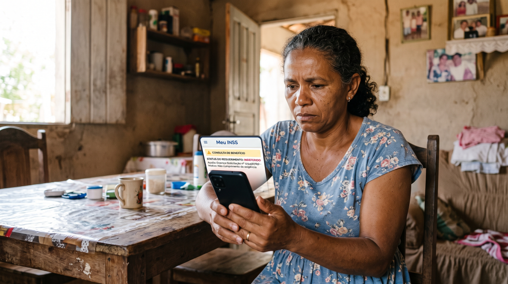 Mulher nordestina vendo INSS indeferimentos 2026 no celular